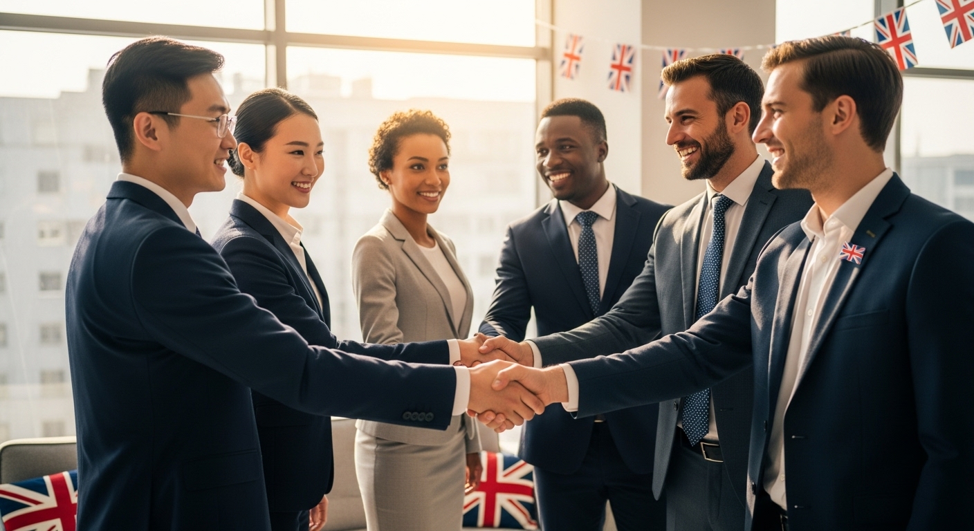 A diverse group of business professionals from different nationalities shaking hands in a modern, sunlit office environment, symbolizing global investment and collaboration, with subtle UK flag elements in the background, photorealistic