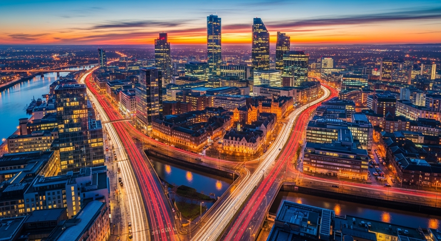 An aerial view of a bustling, modern UK city skyline at sunset, with light trails from cars, symbolizing economic activity and investment, clean and vibrant, photorealistic