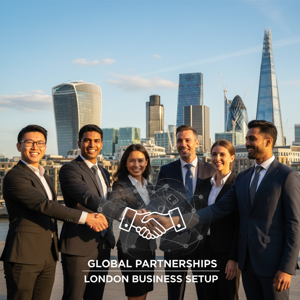 A diverse group of business professionals from different backgrounds, smiling and shaking hands in front of a modern London skyline, symbolizing international collaboration and business setup. The image should be vibrant and professional, with a focus on success and partnership.
