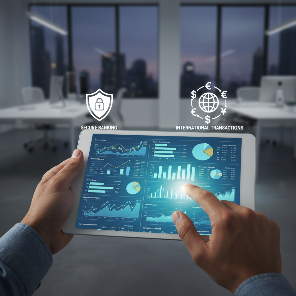 A close-up shot of a person's hands holding a tablet displaying a financial dashboard with charts and graphs, overlaid with icons representing secure banking and international transactions. The background is a modern, clean office environment.