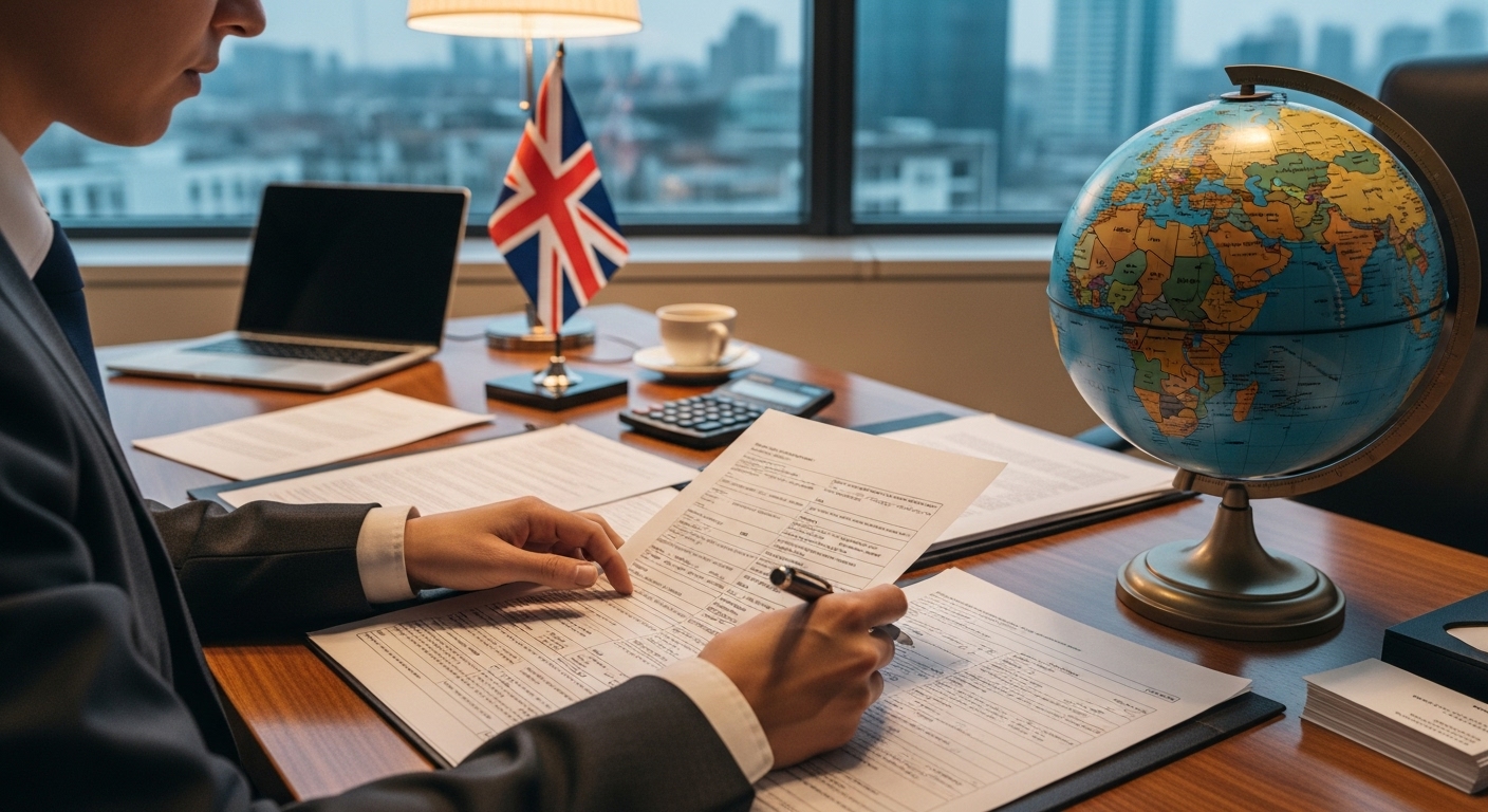 A detailed, photorealistic image of a professional looking at complex tax documents and a globe, symbolizing international tax planning, with a British flag subtly in the background.