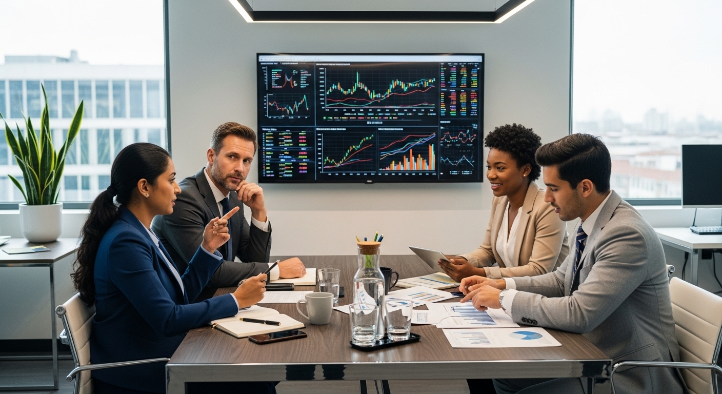 A photorealistic image of a diverse group of business professionals discussing financial strategies in a modern, well-lit office, with charts and graphs visible on a screen.