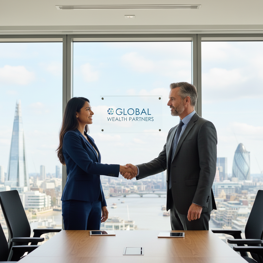 A confident expat business owner shaking hands with a professional financial advisor in a modern, bright office overlooking the London skyline, symbolizing successful financial planning and partnership. Photorealistic, focus on positive interaction.