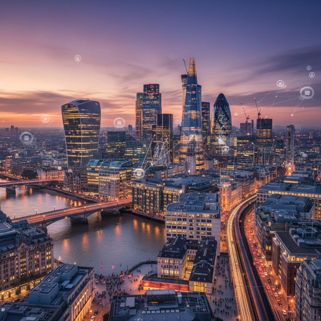 A wide-angle, photorealistic shot of the London skyline at dusk, with modern skyscrapers illuminated against a colorful sky. Focus on the financial district, showing a bustling, dynamic urban environment, symbolizing economic opportunity and global connectivity.