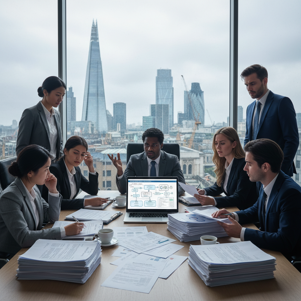 A diverse group of business professionals looking perplexed while reviewing financial documents and a laptop, with a blurred cityscape of London in the background, conveying the complexity of international corporate banking regulations for non-UK residents, in a photorealistic style.