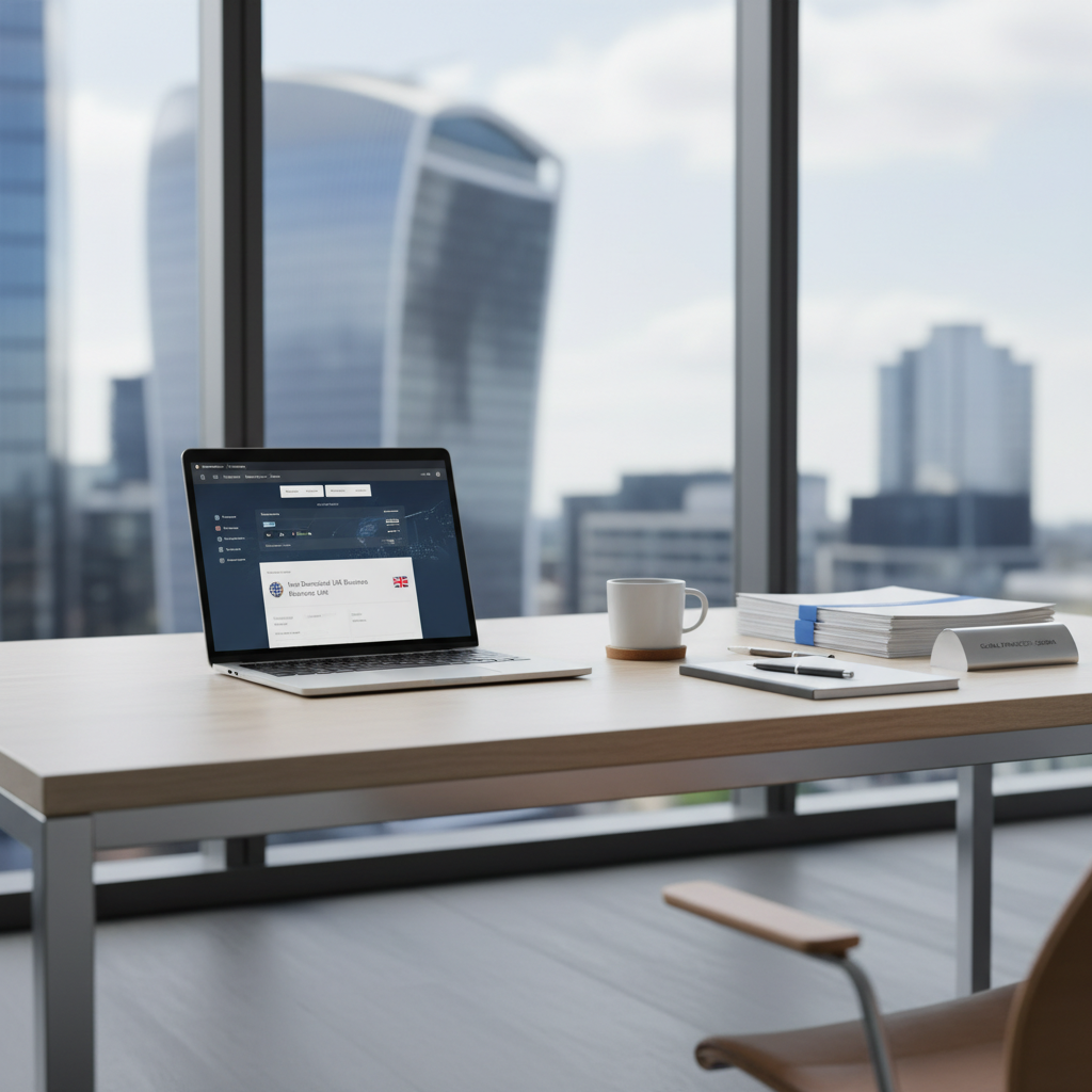 A modern, well-lit office space with a clean desk, a laptop displaying banking software, a cup of coffee, and neatly organized documents, suggesting efficient and streamlined corporate banking operations for a non-domiciled UK business, in a photorealistic and professional style.