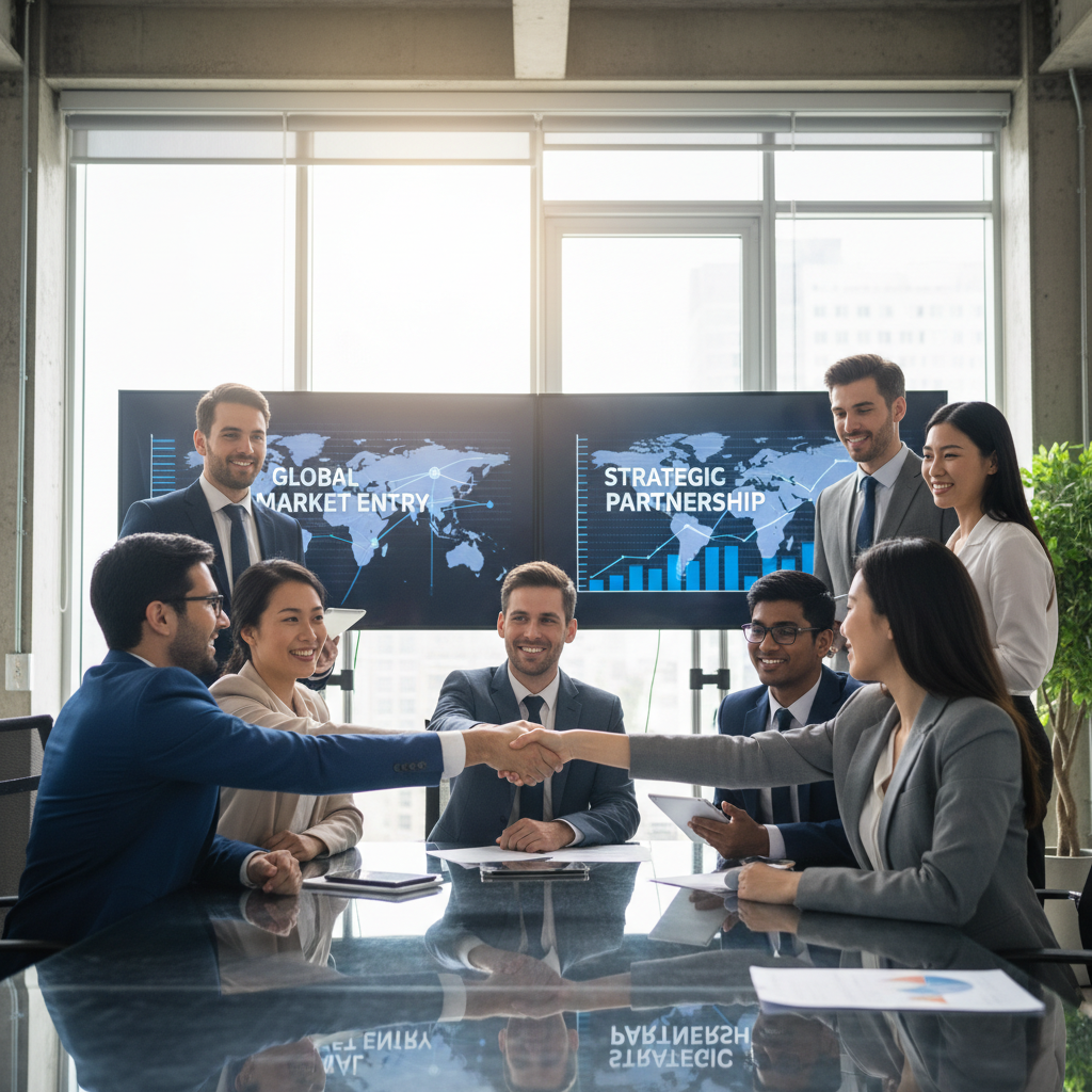 A diverse group of business professionals from various backgrounds shaking hands in a modern, brightly lit office conference room, symbolizing global collaboration and market entry. Realistic, high-resolution, professional photography style.