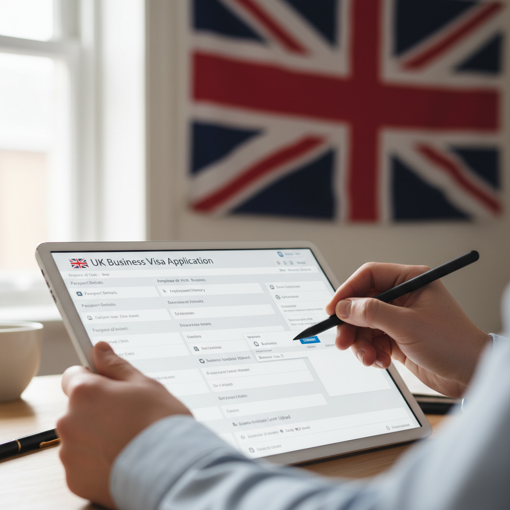 A close-up shot of hands filling out a complex visa application form on a tablet, with a UK flag subtly blurred in the background, symbolizing the detailed process of applying for a UK business visa. Natural lighting, focus on the hands and tablet.