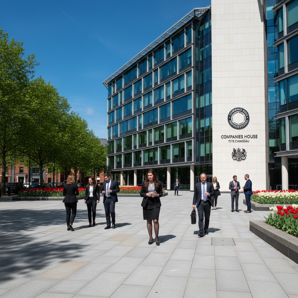 A vibrant, detailed photograph of the iconic Companies House building in Cardiff, UK, with a blue sky and people walking around, conveying professionalism and stability.