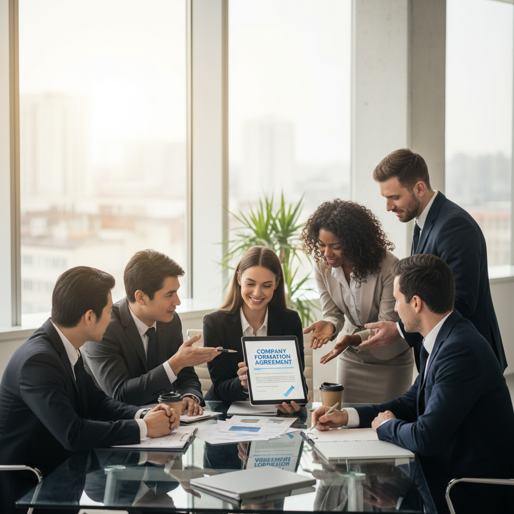 A photorealistic image of a diverse group of business professionals in a modern, brightly lit office, looking at a digital tablet and discussing company formation documents with a confident and helpful demeanor.