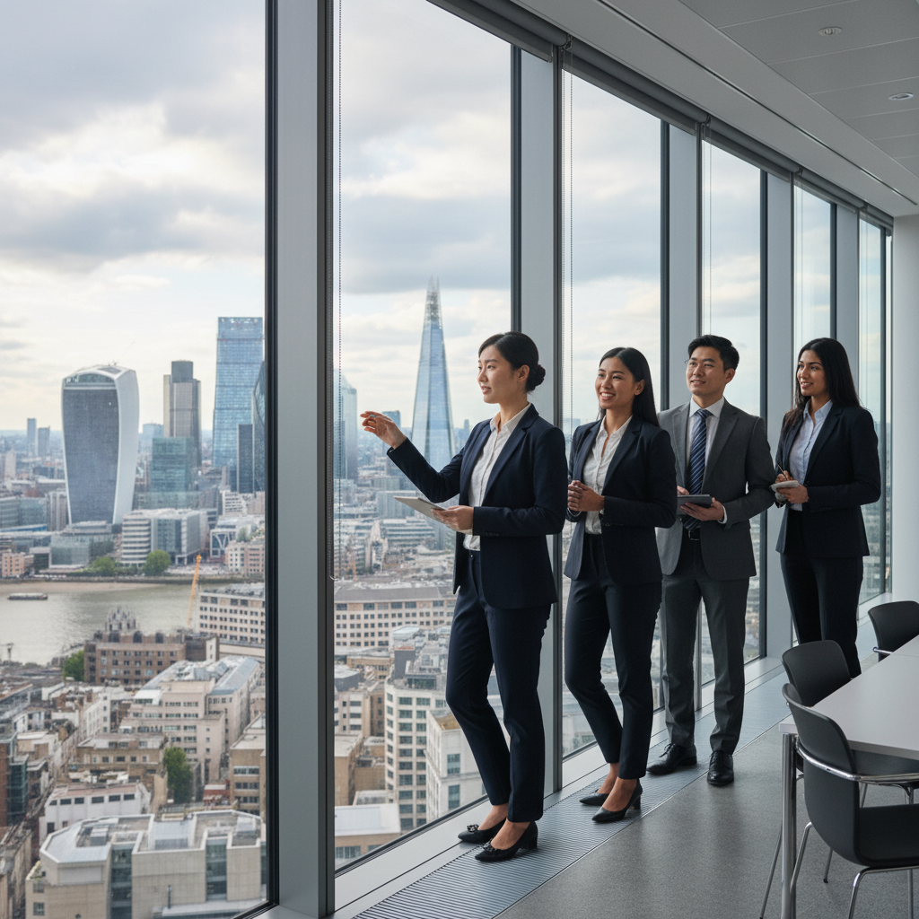 A diverse group of business professionals from various backgrounds looking confidently at the London skyline from a modern office window, symbolizing global opportunity and successful business planning in the city. Photorealistic with natural lighting.