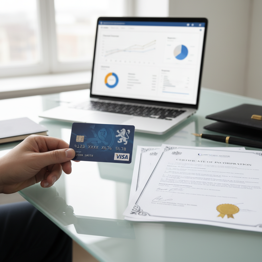 A close-up shot of a hand holding a UK bank card, placed on a modern desk with a laptop displaying a business financial dashboard and some company documents (like a certificate of incorporation) in the background. The scene should be well-lit and professional, suggesting financial management and business operations.