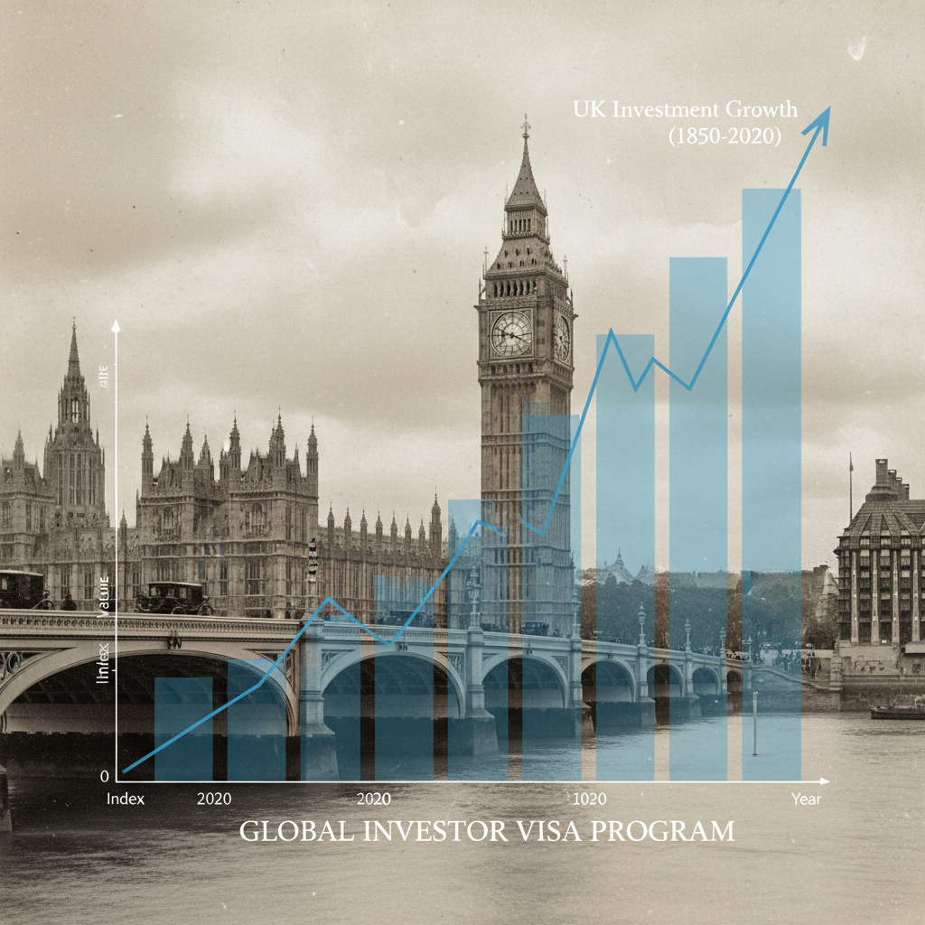 A historical photograph of the Houses of Parliament in London with a faint overlay of a graph showing investment growth, symbolizing the UK's appeal for investors and the historical context of the visa program.