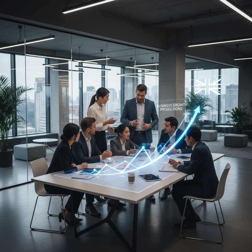 A diverse group of business professionals in a modern, collaborative office space discussing innovative ideas and strategies, with a digital overlay of a timeline showing business growth projections and a subtle UK flag.