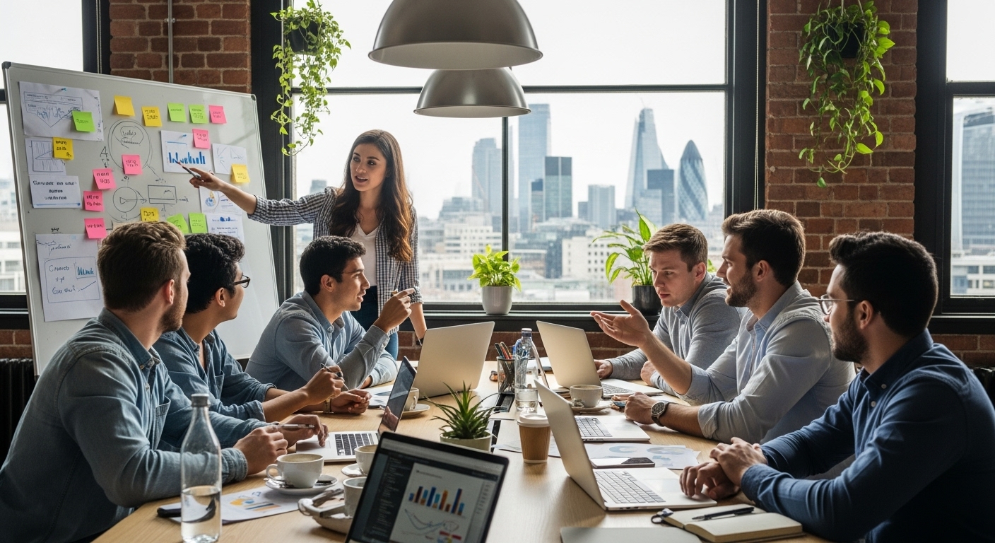 A diverse group of young entrepreneurs enthusiastically collaborating in a modern co-working space in London, with laptops and whiteboards, illustrating a start-up environment.