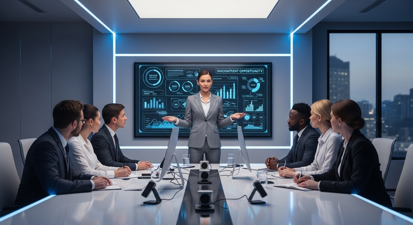 A professional businesswoman presenting a sophisticated business plan to a panel of investors in a sleek, high-tech boardroom, showcasing innovation and investment.