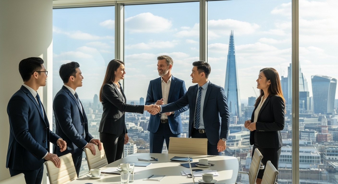 A diverse group of people, appearing to be expats, shaking hands with a business consultant in a modern, bright office overlooking the London skyline, symbolizing a successful business acquisition. The mood is positive and professional, with clear blue sky visible through large windows. Photorealistic style.