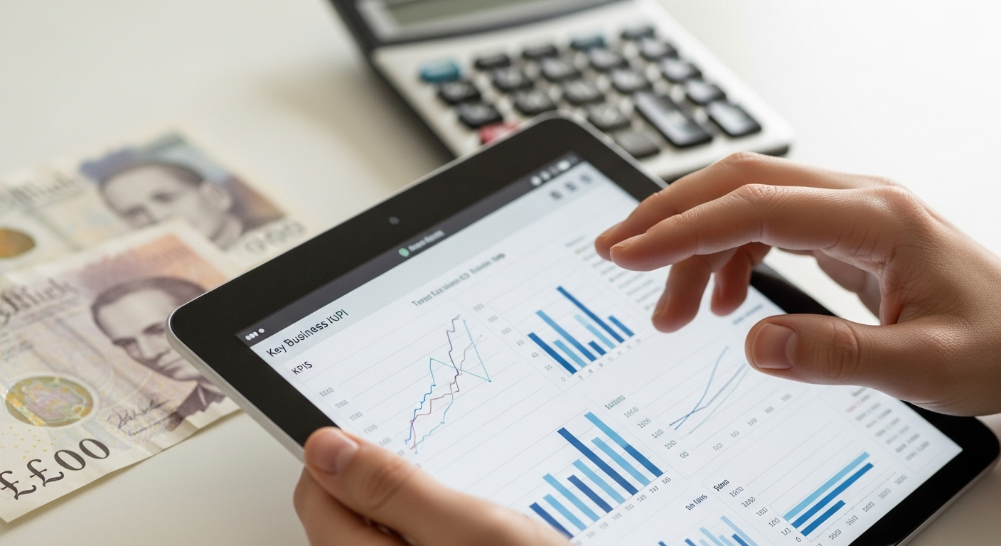A close-up shot of hands holding a tablet displaying financial graphs and business data, with blurred UK pound sterling banknotes and a calculator in the background, symbolizing financial due diligence and investment in a UK business. The lighting is soft and professional. Photorealistic.